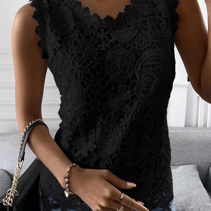 Women Basic Elegant Summer U Neck Sleeveless Solid Color Casual Fashion Lace Tank Top