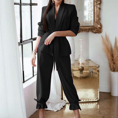 Traje de dos piezas con blazer y pantalón informal de color liso para mujer