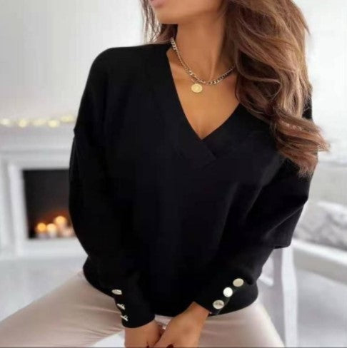 Sudadera informal holgada de otoño para mujer, color liso, con cuello en V y manga larga