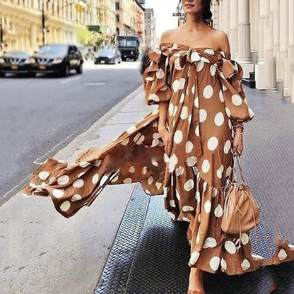 Women Elegant Casual Off-the-shoulder Polka Dot Boho Ruffled Maxi Dress