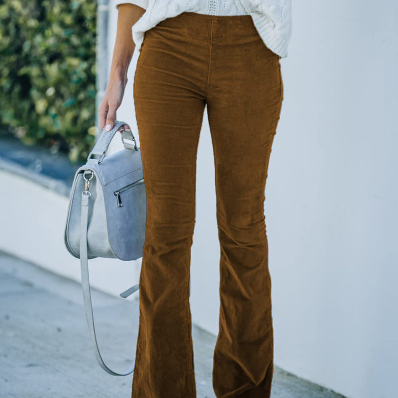 Women Solid Color High Waist Slim Fit Micro-Flare Elastic Waist Casual Pants