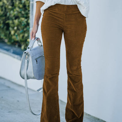 Women Solid Color High Waist Slim Fit Micro-Flare Elastic Waist Casual Pants