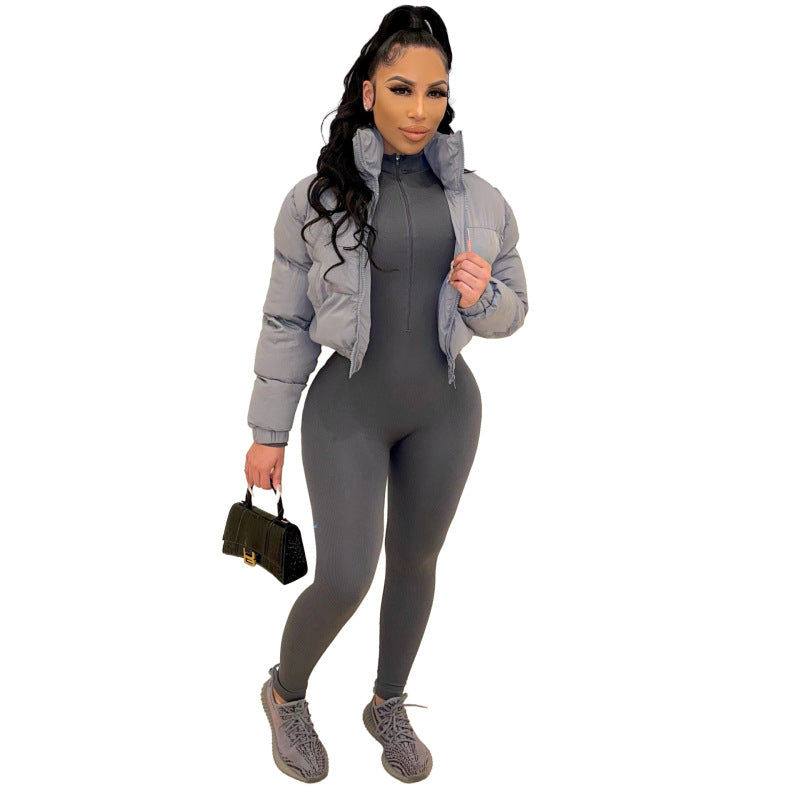 Abrigo acolchado con cremallera de manga larga de color liso informal básico de invierno para mujer