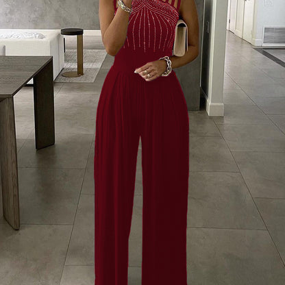 Women Casual Trousers Summer Slim Solid Color Rhinestones Decorative Jumpsuit