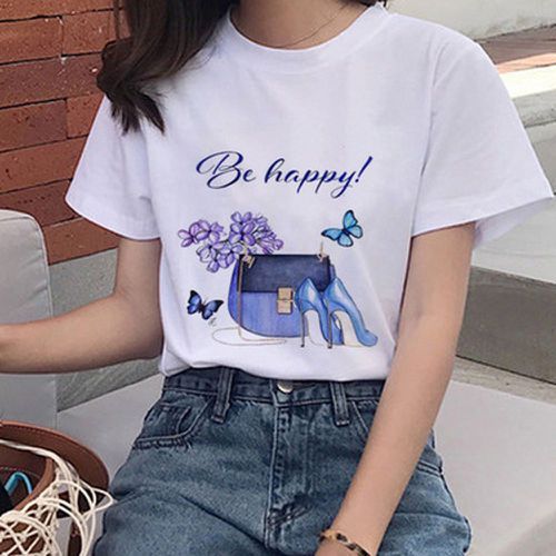 Camiseta informal de manga corta con cuello redondo y estampado de labios para mujer