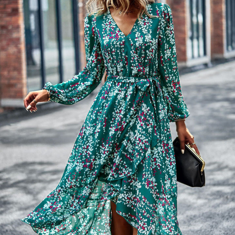 Fashion Women Boho Style Casual Sweet Floral Print Long Sleeve V Neck Chiffon Midi Dress
