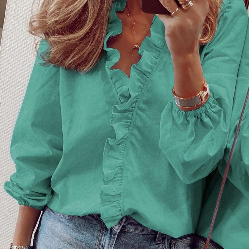 Blusa informal con cuello en V y mangas farol con volantes para mujer
