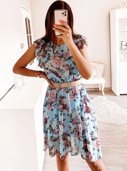 Vestido informal de gasa con volantes y manga corta con estampado floral para mujer
