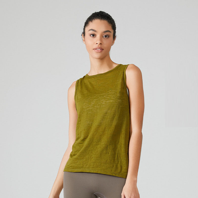 Women Casual Loose Solid Color Round Neck Sleeveless Back Split Sports Tank Top