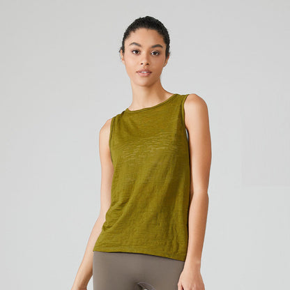 Women Casual Loose Solid Color Round Neck Sleeveless Back Split Sports Tank Top