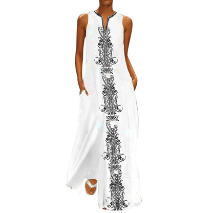 Women Boho Vintage Print Sleeveless V-Neck Loose Casual Maxi Dress