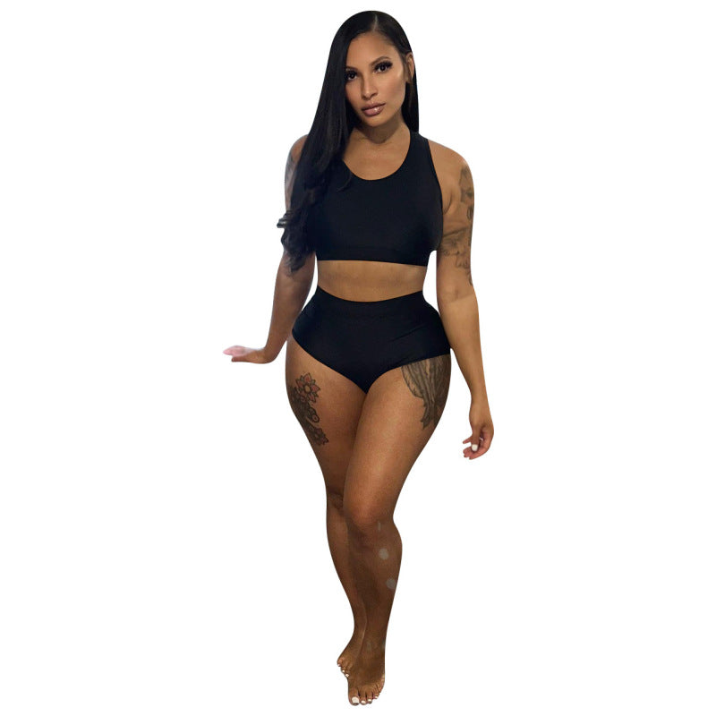 Conjunto deportivo de dos piezas para mujer, sexy, informal, deportivo, de color liso, con camiseta sin mangas y pantalones cortos