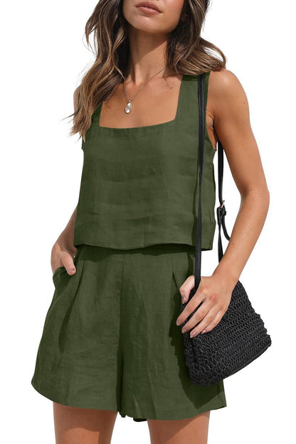 Women Summer Vacation Casual Solid Linen Tank Top And Loose Shorts Set