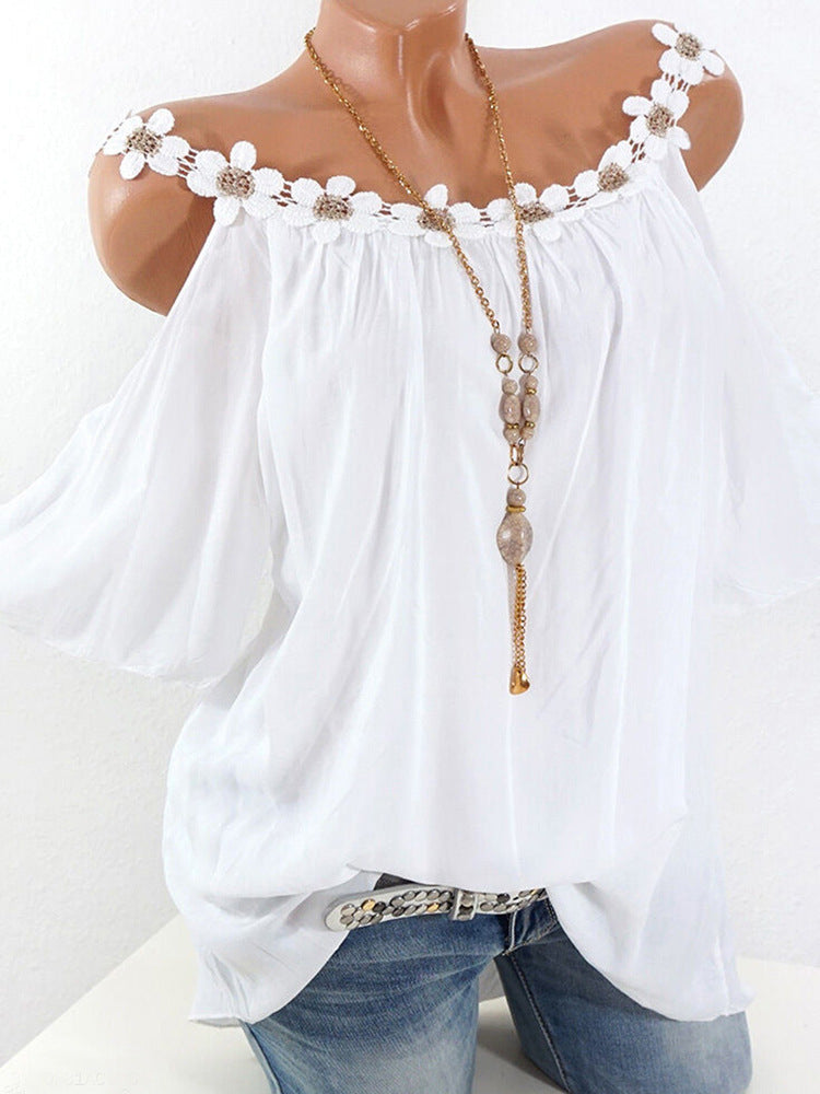 Blusa informal de verano con cuello redondo y encaje de color liso para mujer