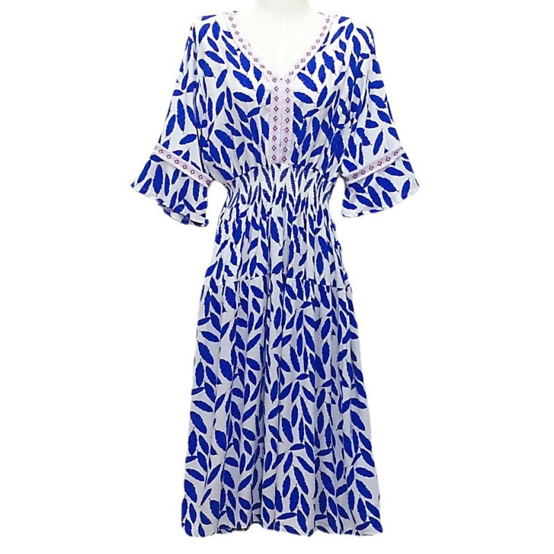 Vestido midi holgado informal de verano con cuello en V y mangas acampanadas para mujer