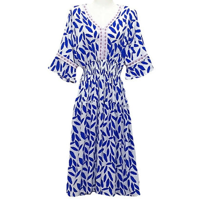 Vestido midi holgado informal de verano con cuello en V y mangas acampanadas para mujer