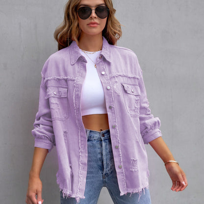Abrigo vaquero rasgado con solapa informal a la moda para mujer