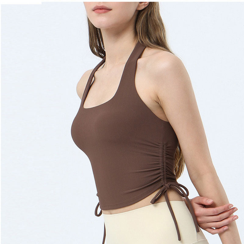 Women Casual Tight Solid Color Halter Neck Sleeveless Backless Drawstring Sports Tank Top
