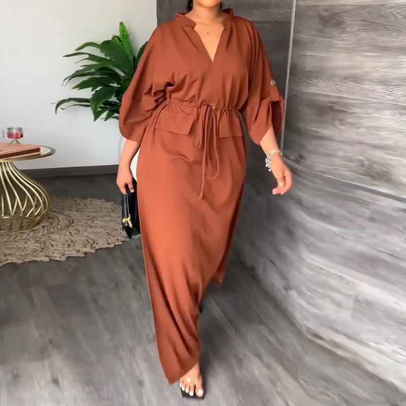 Women Solid Color Long Sleeve Stand Collar Waist Slit Loose Casual Long Dress