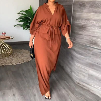 Women Solid Color Long Sleeve Stand Collar Waist Slit Loose Casual Long Dress