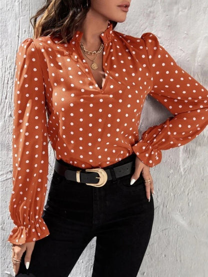 Women Casual Long Sleeve Polka Dot Slim Long-Sleeved Chiffon Shirt Blouse