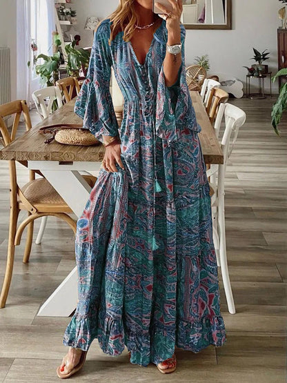Vestido largo informal bohemio con estampado de flores diminutas y cuello en V y mangas abullonadas para mujer