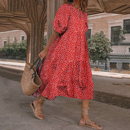 Summer Women Casual Bohemian Short Sleeves Polka Dot Print Loose Ruffle Dress