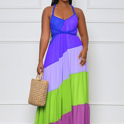 Summer Women Casual Color Blocking Bandage Backless Ruffled Chiffon Dress