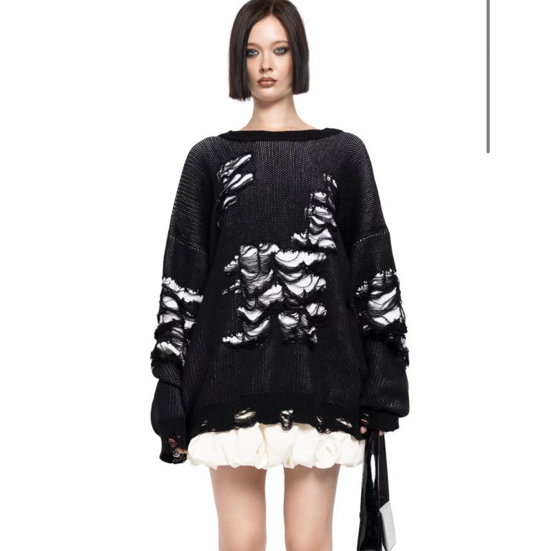 y2k Winter Street Fashion Women Casual Loose Ripped Color-Matching Long-Sleeved Knitted Sweater
