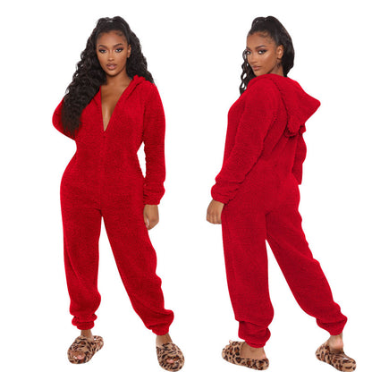 Women Long Sleeve Hooded Plush Casual Jumpsuits Pajamas