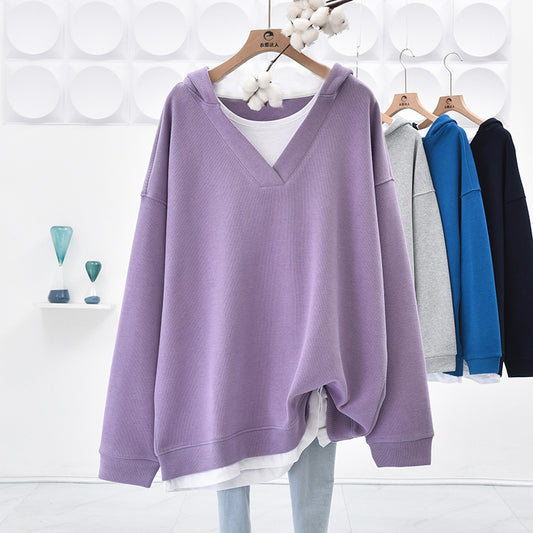 Sudadera con capucha informal de color liso con cuello en V y costuras para mujer