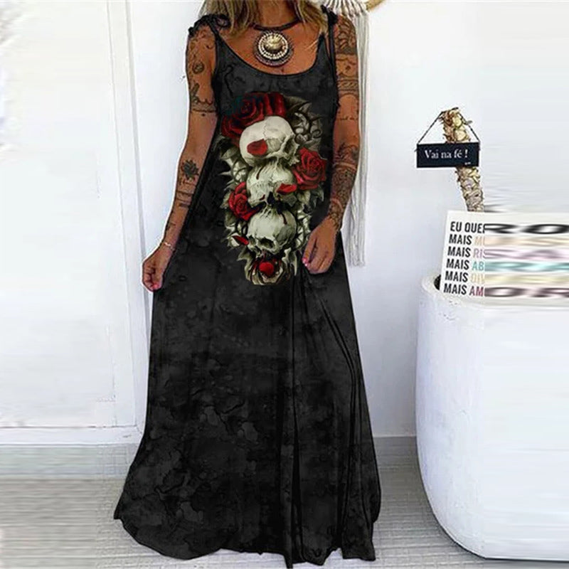 Casual Boho Stlye Women Halloween Skull Print Loose Maxi Dress
