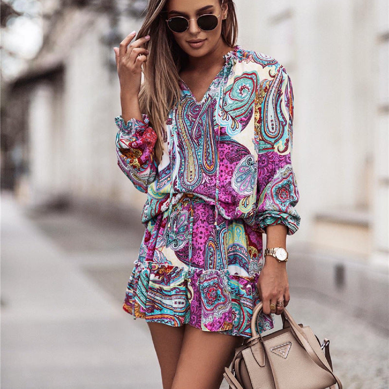 Fashion Casual Women Floral Paisley Printed Long-Sleeved Ruffled Dress