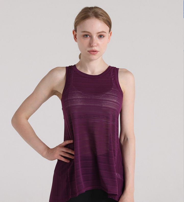 Women Casual Loose Breathable Solid Color Round Neck Sleeveless Back Split Sports Top
