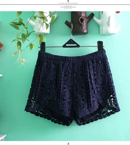 Women Summer Solid Color Crochet Hollow High Waist Casual Shorts