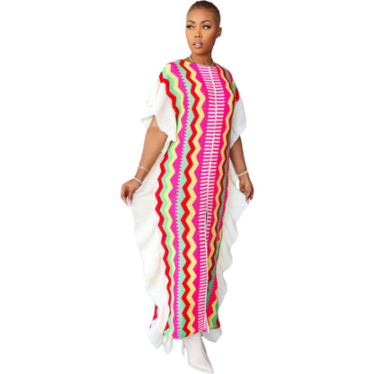 Women Casual Ruffled Knit Stripe Split Maxi Dress