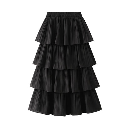 Women Casual Solid Color Stitching Pleated Skirt