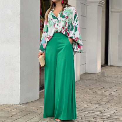 Conjunto de dos piezas de blusa holgada informal estampada y pantalones de pierna ancha para mujer de verano