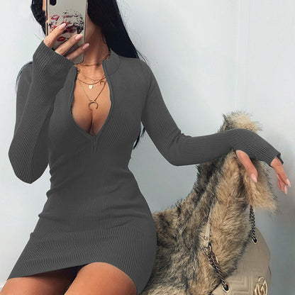Women'S Fashion Casual Rib-Knit Zipper Slim-Fit Long Sleeve Dress
