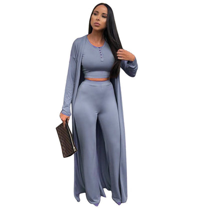 Conjunto casual de tres piezas con top y pantalón de color liso para mujer