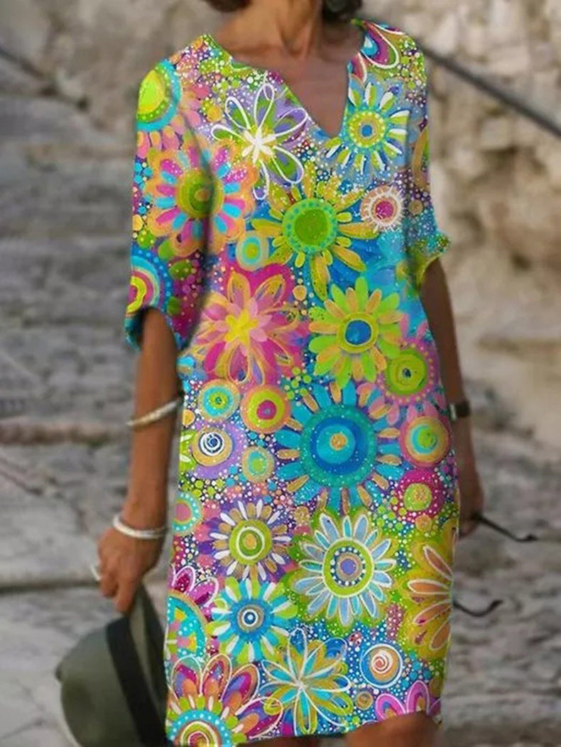 Vestido informal de manga corta con cuello en V y estampado de flores multicolor para mujer