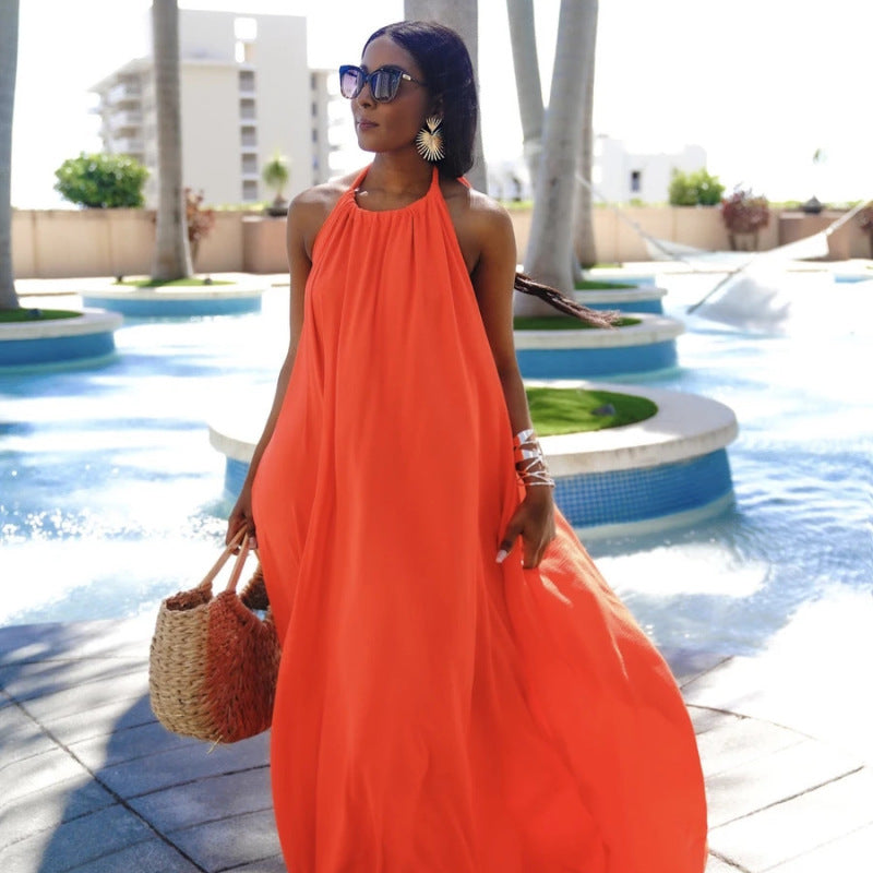 Women Fashion Casual Sleeveless Halter Neck Backless Solid Color Loose Dress