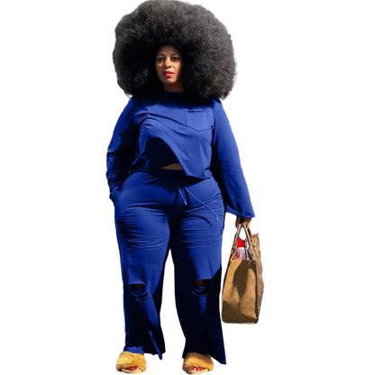 Autumn Plus Size Women Fashion Basic Casual Solid Color Top And Pants Two-piece Set