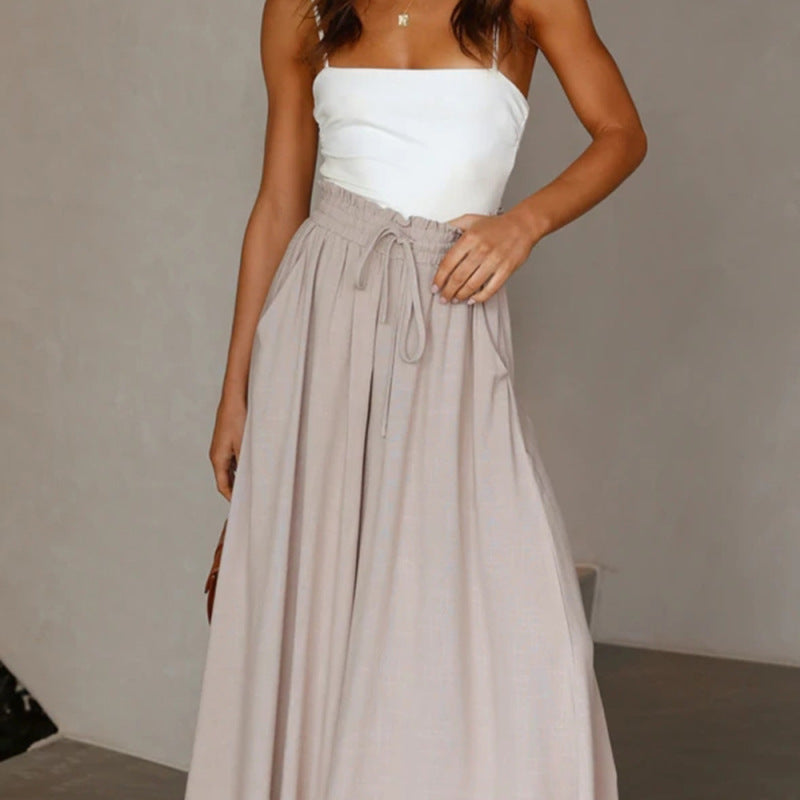 Women Solid Color High Waist Elastic Casual Wide Leg Pants