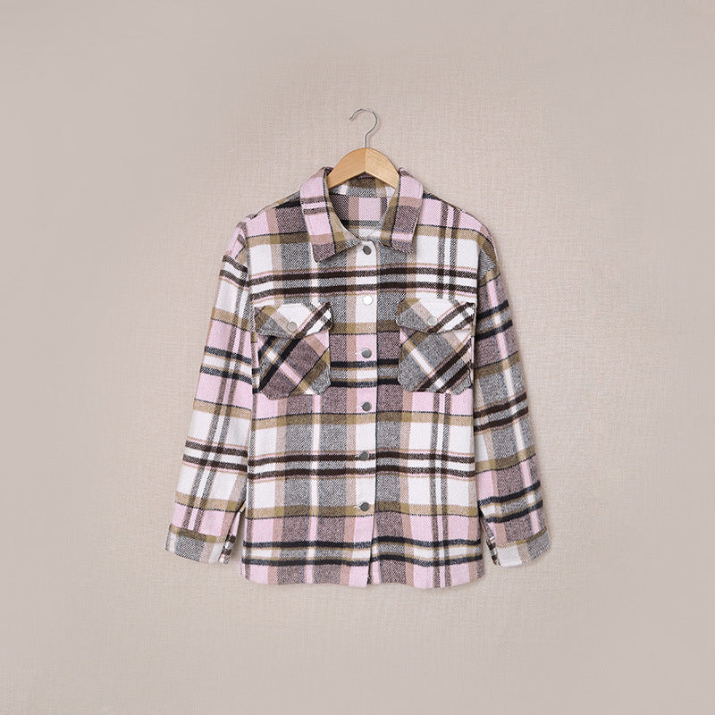 Abrigo informal con solapa y estampado a cuadros para mujer, otoño e invierno