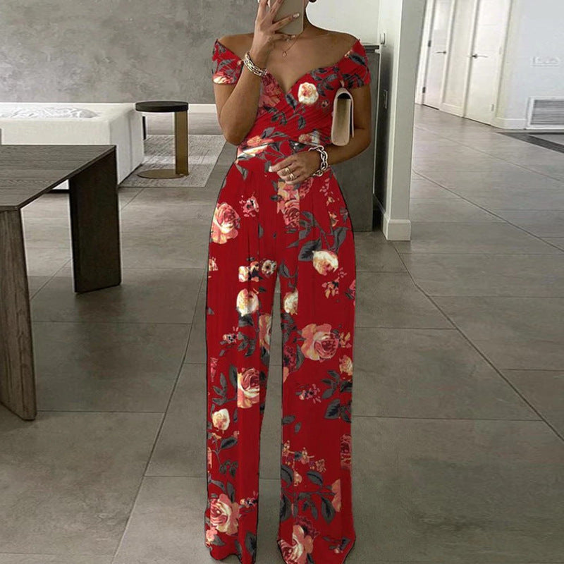 Women Elegant Off-shoulder Floral Print Casual High Waist Wed Leg Jumpsuits