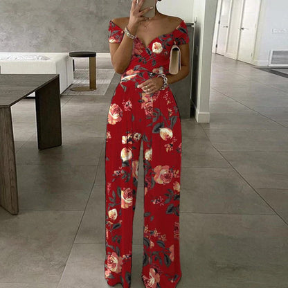 Women Elegant Off-shoulder Floral Print Casual High Waist Wed Leg Jumpsuits