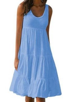 Women Casual Solid Color Sleeveless Round Neck Ruffled Loose Dress