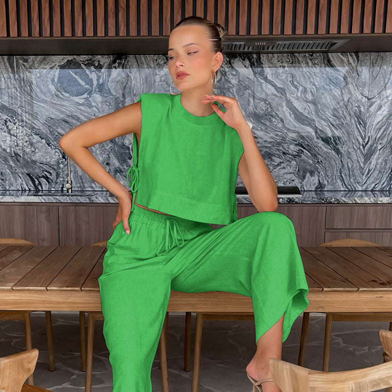 Conjunto de blusa y pantalón de lino y algodón de color liso para mujer, informal, a la moda, para vacaciones