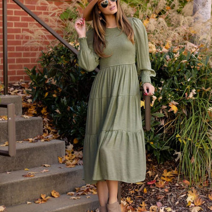 Vestido midi liso con mangas abullonadas y cuello redondo vintage informal para mujer de otoño e invierno